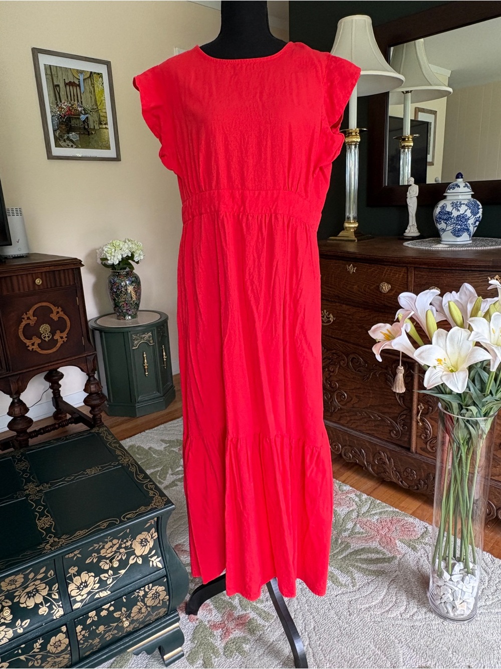 For Cynthia Linen Blend Maxi Dress | XL | Bright Coral Red